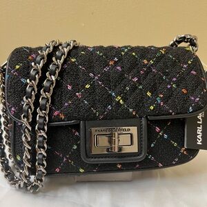 Karl Lagerfeld Black Quilted Crossbody Bag with Multicolor Thread NWT